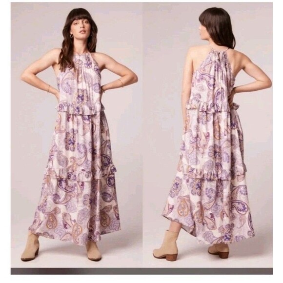 NWT Band Of The Free Purple Paisley Print Oversized Tiered Maxi Dress Size Small - Picture 1 of 9